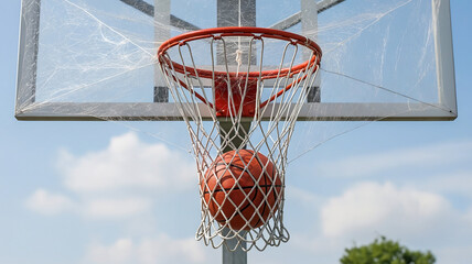Naklejka premium Abandoned Basketball Hoop with Thick Spider Webs and Trapped Ball in Outdoor Court