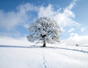 A solitary tree, laden with frost, stands in a vast, snow-covered field under a bright blue sky dotted with clouds. Footprints trace a path