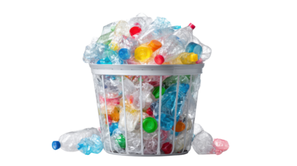 Overflowing bin full of colorful plastic bottles for recycling, symbolizing waste, pollution, and sustainability efforts on transparent background