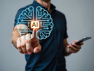 Innovative businessman touching a global social network icon on a mobile screen to symbolize successful internet communication and web connection