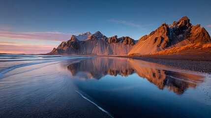 Dramatic view of Stokksnes beach, Iceland, black sand shoreline with Vestrahorn mountain backdrop, moody coastal landscape outdoors