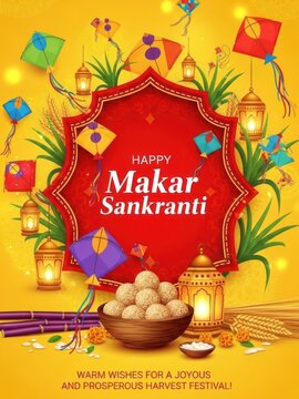 Happy makar sankranti celebration with kites and sweets