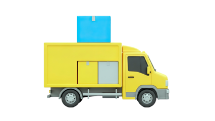 Yellow delivery truck with blue and gray boxes