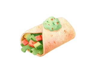 Watercolor Burrito Illustration with Guacamole Isolated on White