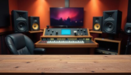 Empty wooden tabletop, blurred music studio background, montage, mockup