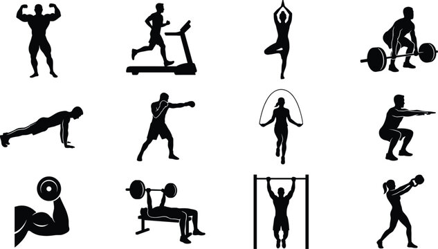 Bodybuilding and Strength Training Silhouette Icons Set - Weightlifting, CrossFit, and Cardio Vector Illustration
