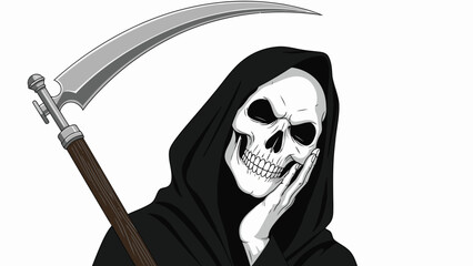 A solemn Grim Reaper figure with a large scythe leaning on its shoulder, contemplating silently with one hand resting on its skeletal jaw against a clean white background.