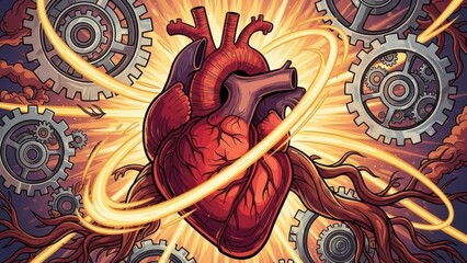 Intricate biological machinery powering life, illustrated with glowing energy and complex gears