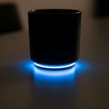 A dark ceramic cup with a glowing blue light emanating from underneath