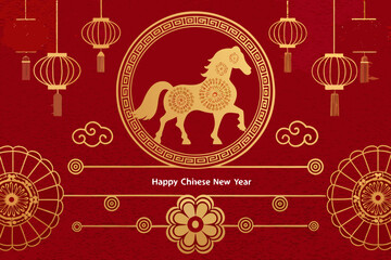 Golden horse and traditional lanterns celebrate the upcoming chinese new year