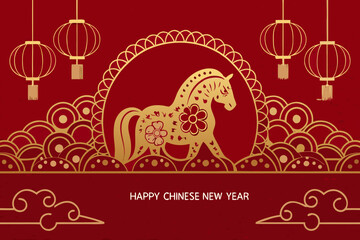 Golden horse and traditional lanterns celebrate the happy chinese new year