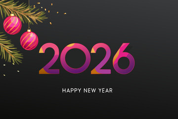Festive new year 2026 celebration with ornaments and gradient typography