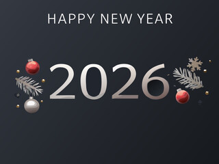 Happy new year 2026 with festive decorations and a dark background
