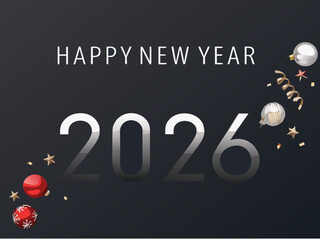 Festive new year celebration with balloons confetti and the year 2026