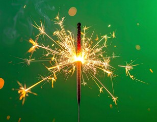 A sparkler ignites, showering sparks against a vibrant green backdrop, with bokeh. Smoke emanates, enhancing visual flair