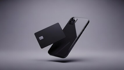 Black smartphone and credit card floating in mid-air against a gray background.