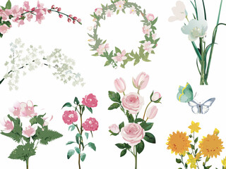 Floral arrangement with blossoms wreath roses and a delicate butterfly illustration