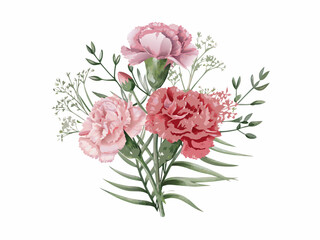 A delicate watercolor illustration of pink and red carnation flower bouquet