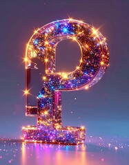 A sparkling, transparent, glowing, uppercase letter "P" illuminated with tiny lights, reflecting multiple colors