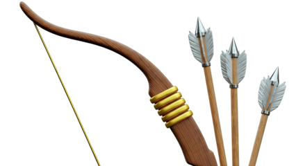 Wooden bow with golden bands and three arrows with metal tips