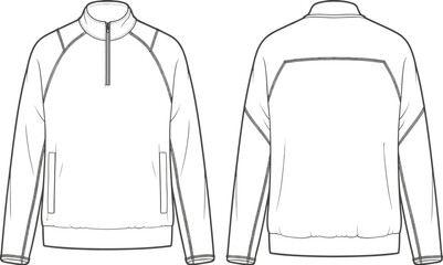 Technical Flat Sketch of Men Full Zip Fleece Jacket and Slim Fit Denim Jeans Vector Illustration for Fashion Tech Pack © MSTAYESHASIDDIKA