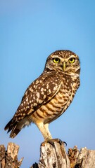A speckled bird of prey with bright yellow eyes perches on a weathered stump against a clear, blue sky, looking straight at the viewer