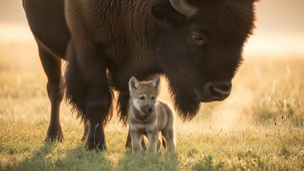 A bison and its calf standing together in a serene grassy field with warm, golden lighting.