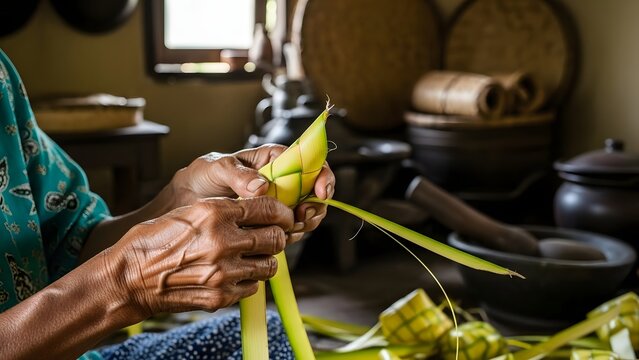 A detailed shot of an elderly woman's wrinkled hands skillfully weaving young coconut leaves (janur) into a diamond-shaped rice cake pouch called Ketupat, a traditional Indonesian food for Hari Raya I