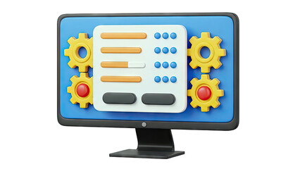 3D Computer Monitor with Settings and Gears Icon