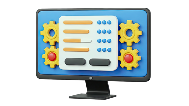 3D Computer Monitor with Settings and Gears Icon - Powered by Adobe
