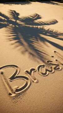 Brasil" written in sand on a beach, with palm fronds casting shadows