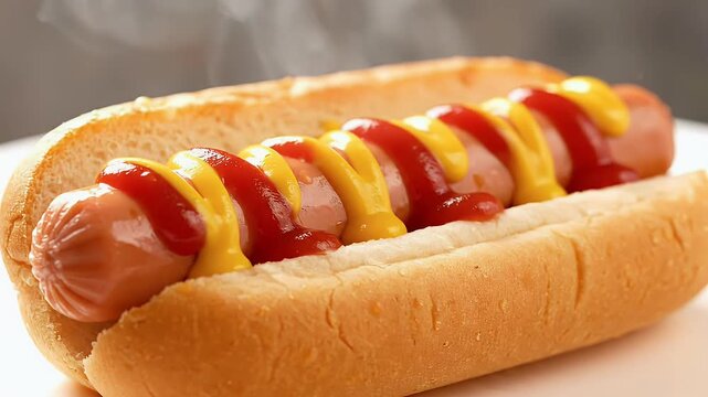 Appetizing Hot Dog With Ketchup And Mustard Drizzle