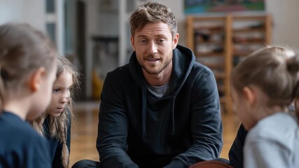 Young sports teacher engages with children during a basketball training session in a gym environment while promoting teamwork and sportsmanship principles