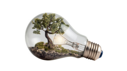 Light bulb containing a green tree and glowing filament, symbolizing ecological energy, innovation, and sustainability