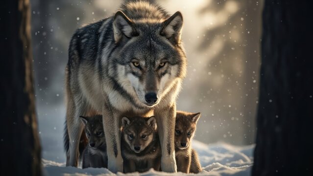 A mother wolf and her two wolf pups standing together in a snowy forest, surrounded by tree trunks