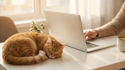Fototapeta premium Cozy work from home scene with sleeping ginger cat on desk next to laptop computer, Generative AI