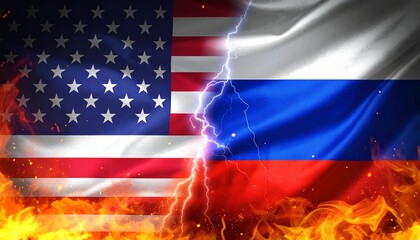 US and Russia flags split by lightning and flames