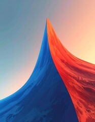 A split composition featuring a curved, bi-colored element against a gradient sky. The forms meet at a central apex