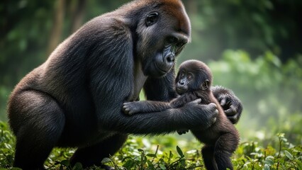 Naklejka premium A gorilla tenderly holds a baby gorilla in a lush, green forest with natural lighting.