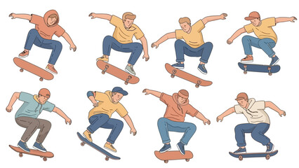 flat vector illustration of several skateboarders performing various tricks in the air