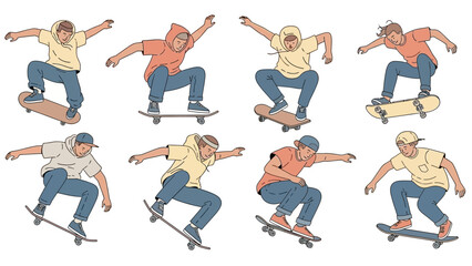 flat vector illustration of several skateboarders performing various tricks in the air