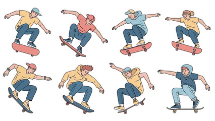 flat vector illustration of several skateboarders performing various tricks in the air