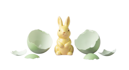 Yellow Chocolate Easter Bunny with Broken Green Egg Shells