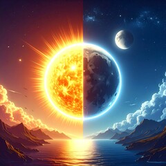 A split image depicts opposing celestial bodies a sun and a moon. Each side has a distinctive sky and landscape