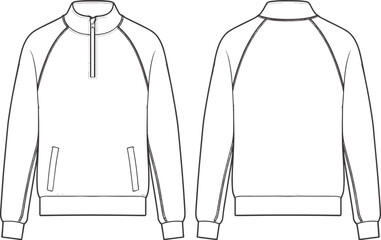 Technical Flat Sketch of Men Full Zip Fleece Jacket Quarter Zip Pullover and Slim Fit Denim Jeans Fashion Vector Template © MSTAYESHASIDDIKA