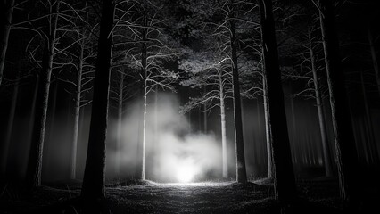 Mysterious foggy forest with tall trees and eerie atmosphere.