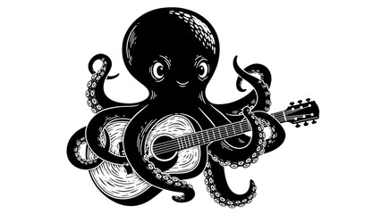 Black and white illustration of an octopus playing guitar.