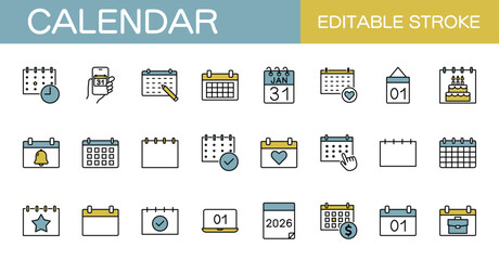 カレンダーのアイコンセット・スケジュール、イベントなど（線幅変更可能・カラー）