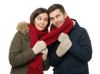 Funny Winter Couple Wrapped in Scarf, Isolated on White Background