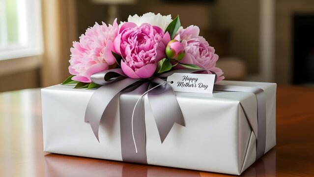 Beautiful pink flowers on a white gift box for mother's day celebration with ribbon and tag - Powered by Adobe